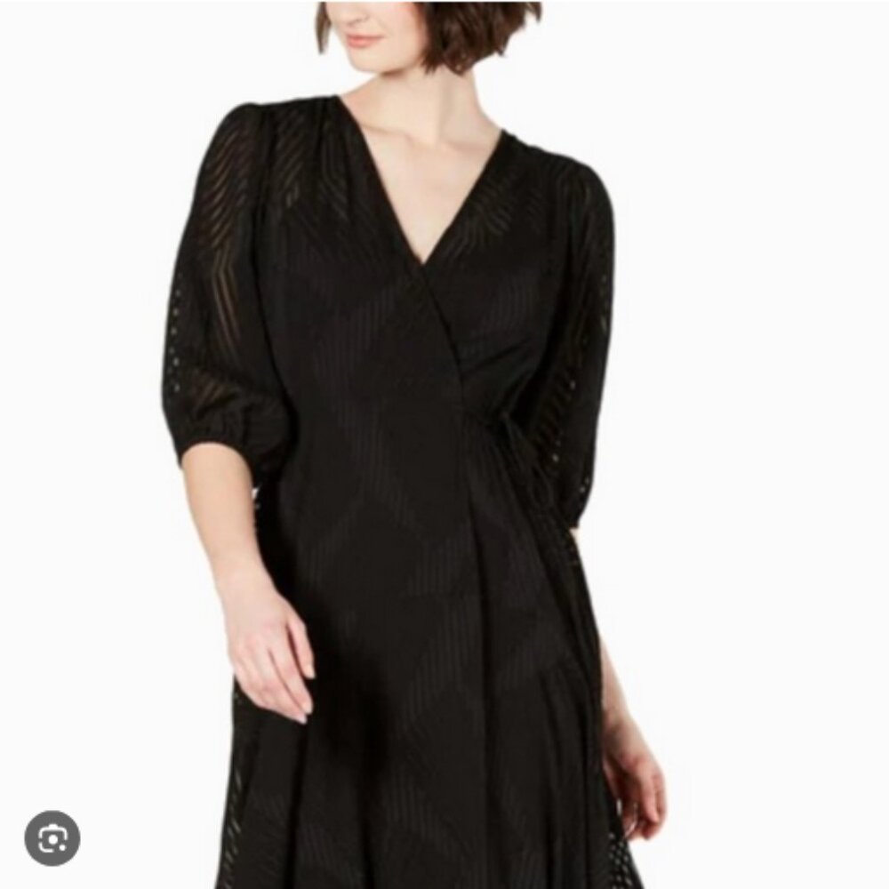 Calvin Klein V-neck shadow stripe wrap dress, Black, Size 16